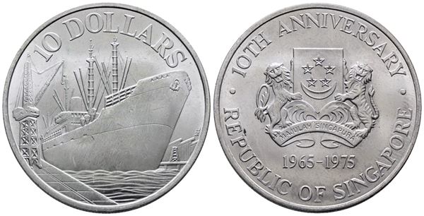 SINGAPORE. 10 dollari 1975 "10° anniversario indipendenza". KM 11; Ag; 31,1gr