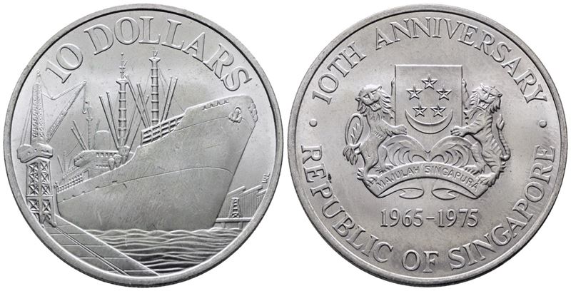 Singapore. 10 Dollari 1975 "10° Anniversario Indipendenza". Km 11; Ag; 31,1gr