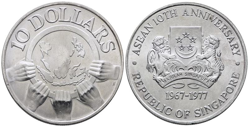 SINGAPORE. 10 dollari 1977 "ASEAN". KM 16; Ag; 31,1gr