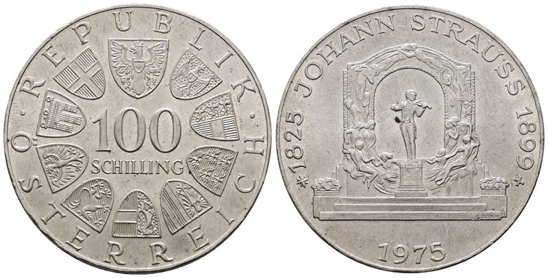 AUSTRIA. 100 scellini 1975 "Johann Strauss". KM 2923; Ag; 24gr