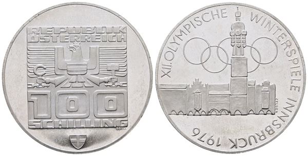 AUSTRIA. 100 scellini 1976 "Olimpiadi invernali Innsbruck". KM 2927; Ag; 24gr