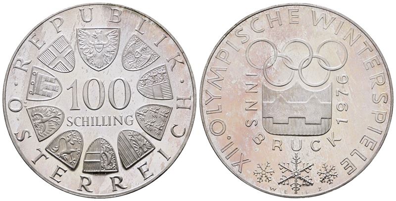 AUSTRIA. 100 scellini 1976 "Olimpiadi invernali Innsbruck". KM 2926; Ag; 24gr
