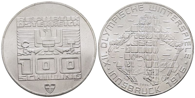 AUSTRIA. 100 scellini 1976 "Olimpiadi invernali Innsbruck". KM 2928; Ag; 24gr