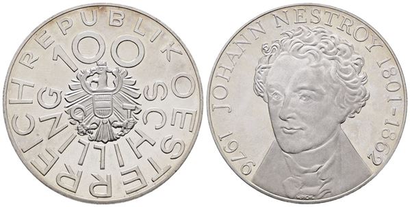 AUSTRIA. 100 scellini 1976 "Johann Nestroy". KM 2932; Ag; 24gr