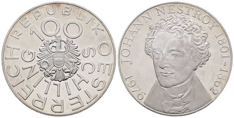 AUSTRIA. 100 scellini 1976 "Johann Nestroy". KM 2932; Ag; 24gr