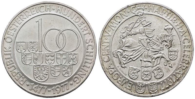 AUSTRIA. 100 scellini 1977 "500 anni della zecca di Hall in Tirolo". KM 2936; Ag; 24gr
