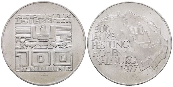 AUSTRIA. 100 scellini 1977 "900 anni della fortezza di Salisburgo". KM 2935; Ag; 24gr