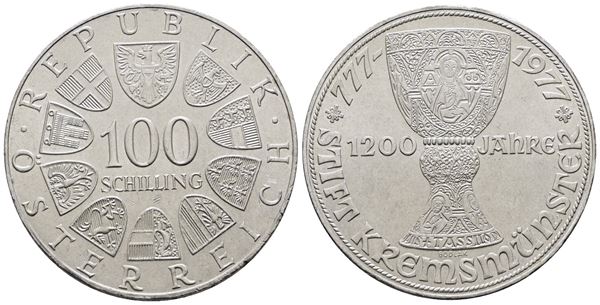 AUSTRIA. 100 scellini 1977 "1200 anni abazia di Kremsmusnster". KM 2934; Ag; 24gr