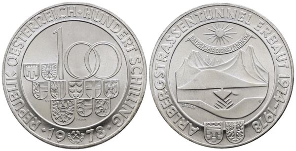 AUSTRIA. 100 scellini 1978 "Traforo stradale di Arlberg". KM 2941; Ag; 24gr