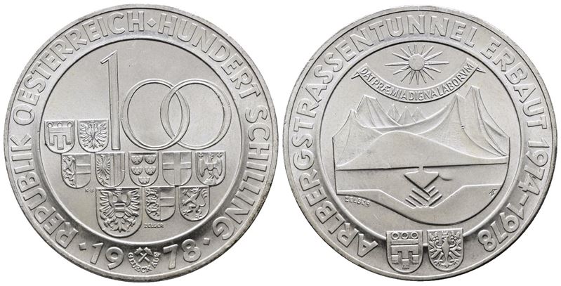 AUSTRIA. 100 scellini 1978 "Traforo stradale di Arlberg". KM 2941; Ag; 24gr