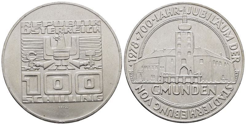 AUSTRIA. 100 scellini 1978 "700 anni città di Gmunden". KM 2938; Ag; 24gr