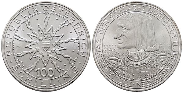AUSTRIA. 100 scellini 1978 "700 anni dalla battaglia di Marchfeld". KM 2939; Ag; 24gr