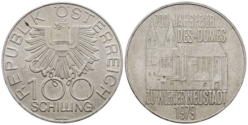 AUSTRIA. 100 scellini 1979 "700 anni della cattedrale di Wiener Neustadt". KM 2942; Ag; 24gr