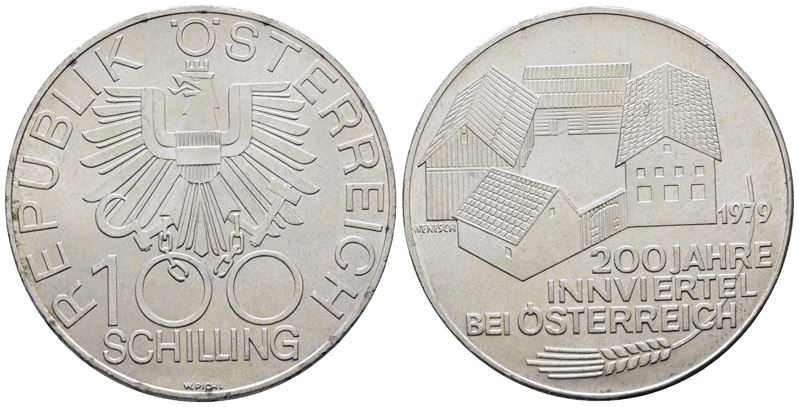 AUSTRIA. 100 scellini 1979 "200 anni della regione di Innviertel". KM 2943; Ag; 24gr