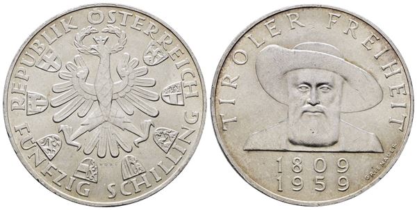 AUSTRIA. 50 scellini 1959 "150 anni dalla liberazione del Tirolo". KM 2888; Ag; 20gr