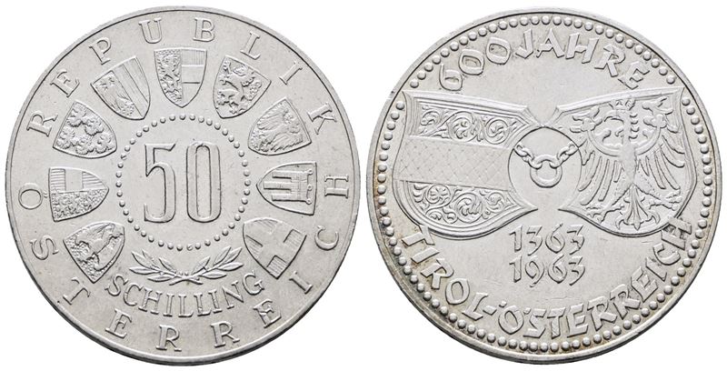 AUSTRIA. 50 scellini 1963 "600 anni del Tirolo". KM 2894; Ag; 20gr