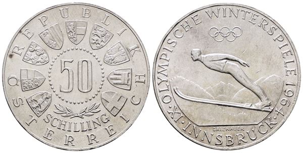 AUSTRIA. 50 scellini 1964 "Olimpiadi invernali di Innsbruck". KM 2896; Ag; 20gr