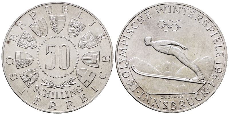 AUSTRIA. 50 scellini 1964 "Olimpiadi invernali di Innsbruck". KM 2896; Ag; 20gr