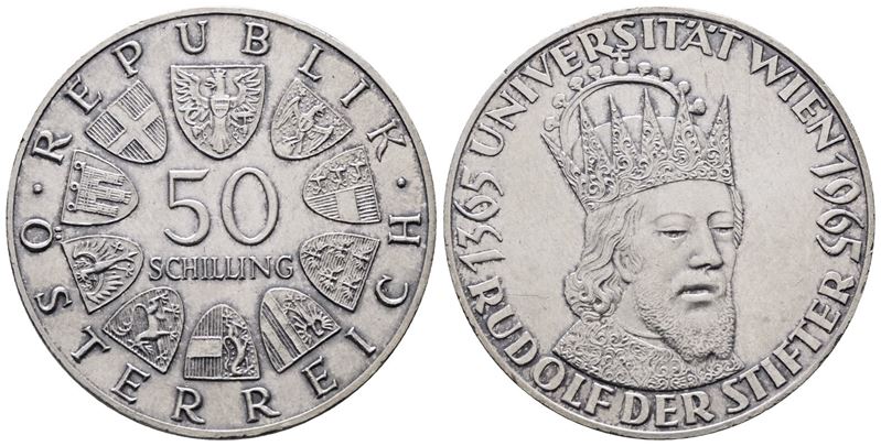 AUSTRIA. 50 scellini 1965 "Università di Vienna". KM 2898; Ag; 20gr