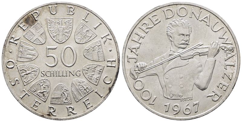 AUSTRIA. 50 scellini 1967 "Valzer - Sul bel Danubio Blu". KM 2902; Ag; 20gr
