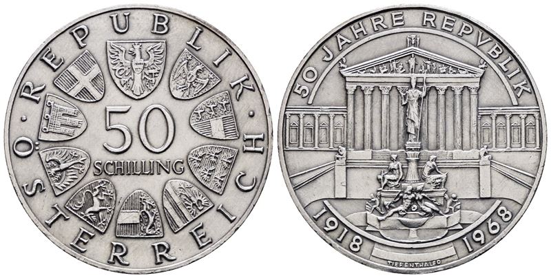 AUSTRIA. 50 scellini 1968 "50 anni della repubblica". KM 2904; Ag; 20gr