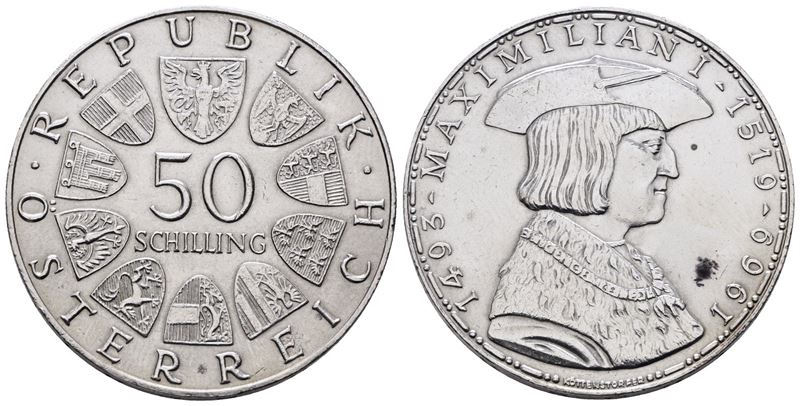 AUSTRIA. 50 scellini 1969 "450 anni dalla morte di Massimiliano I". KM 2906; Ag; 20gr