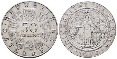 Austria. 50 Scellini 1970 "università di Innsbruk". Km 2908; Ag; 20gr
