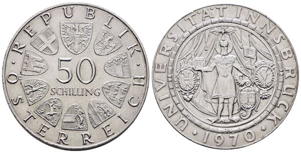 AUSTRIA. 50 scellini 1970 "Università di Innsbruk". KM 2908; Ag; 20gr