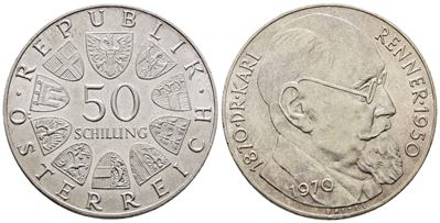 Austria. 50 Scellini 1970 "centenario della Nascita di Karl Renner". Km 2909; Ag; 20gr
