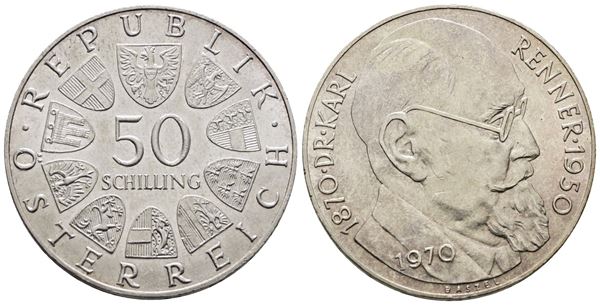 AUSTRIA. 50 scellini 1970 "Centenario della nascita di Karl Renner". KM 2909; Ag; 20gr