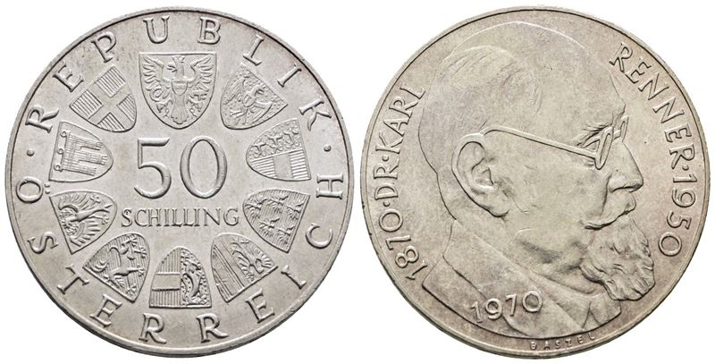 Austria. 50 Scellini 1970 "centenario della Nascita di Karl Renner". Km 2909; Ag; 20gr