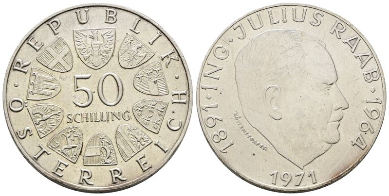Austria. 50 Scellini 1971 "80 Anni dalla Nascita di Julius Raab". Km 2911; Ag; 20gr