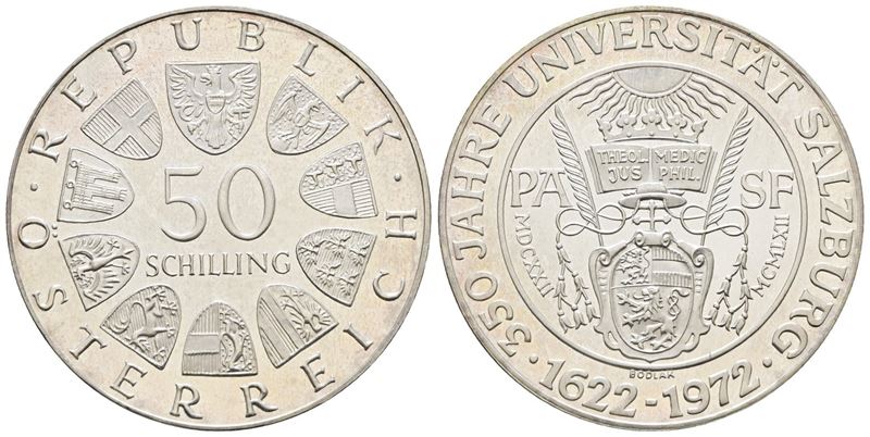 Austria. 50 Scellini 1972 "350 Anni Dell'università di Salisburgo". Km 2913; Ag; 20gr