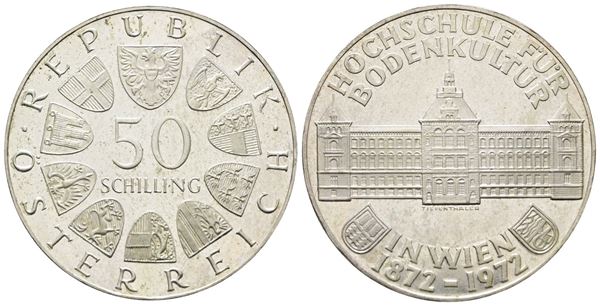 AUSTRIA. 50 scellini 1972 "Università di scienze naturali a Vienna". KM 2914; Ag; 20gr. Leggere impronte.