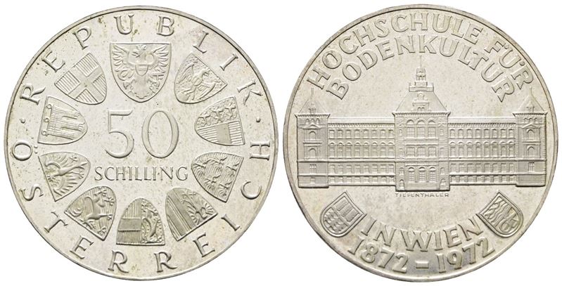Austria. 50 Scellini 1972 "università di Scienze Naturali a Vienna". Km 2914; Ag; 20gr. Leggere I...