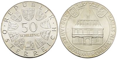 Austria. 50 Scellini 1973 "500° Anniversario Bummerlhaus". Km 2916; Ag; 20gr.