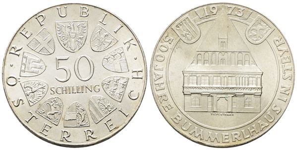 AUSTRIA. 50 scellini 1973 "500° anniversario Bummerlhaus". KM 2916; Ag; 20gr.