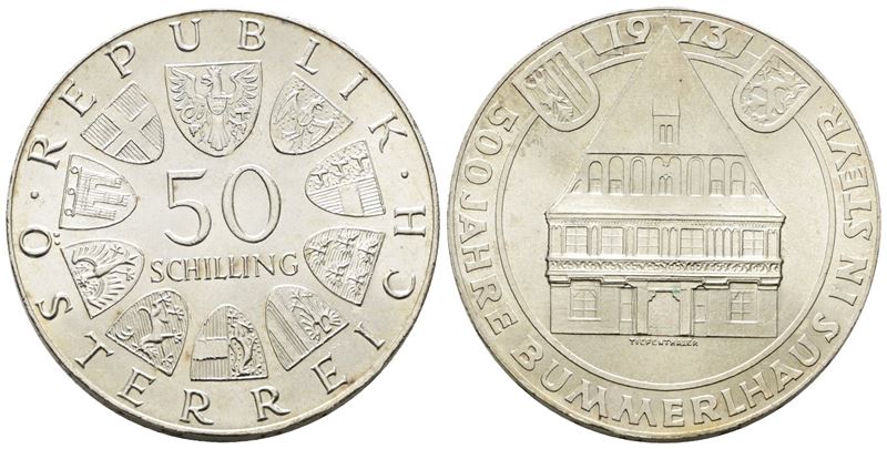 Austria. 50 Scellini 1973 "500° Anniversario Bummerlhaus". Km 2916; Ag; 20gr.