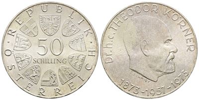 Austria. 50 Scellini 1973 "centenario Nascita di Korner". Km 2917; Ag; 20gr.