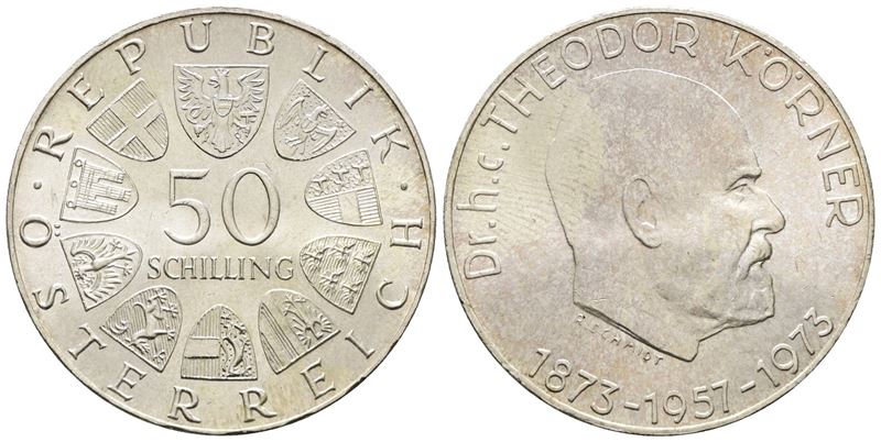 Austria. 50 Scellini 1973 "centenario Nascita di Korner". Km 2917; Ag; 20gr.