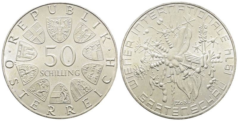 AUSTRIA. 50 scellini 1974 "Esposizione internazionale fioricoltura a Vienna". KM 2919; Ag; 20gr. ...