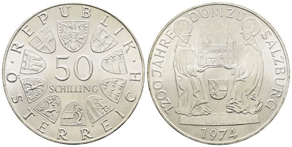 AUSTRIA. 50 scellini 1974 "1200 anni del duomo di Salisburgo". KM 2921; Ag; 20gr.