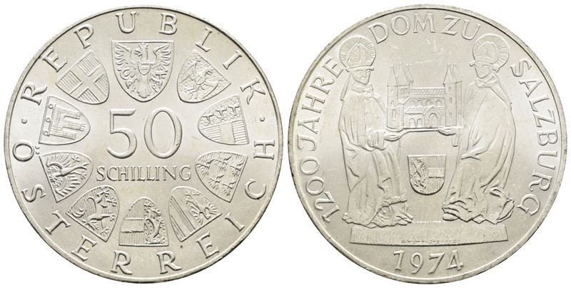 AUSTRIA. 50 scellini 1974 "1200 anni del duomo di Salisburgo". KM 2921; Ag; 20gr. FDC