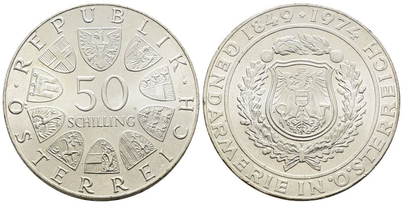 AUSTRIA. 50 scellini 1974 "125 anni delle forze di polizia austriache". KM 2920; Ag; 20gr. FDC