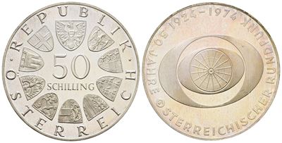 Austria. 50 Scellini 1974 "50 Anni della Radiotelevisione Austriaca". Km 2922; Ag; 20gr.