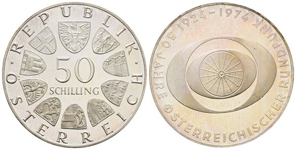 AUSTRIA. 50 scellini 1974 "50 anni della radiotelevisione austriaca". KM 2922; Ag; 20gr.