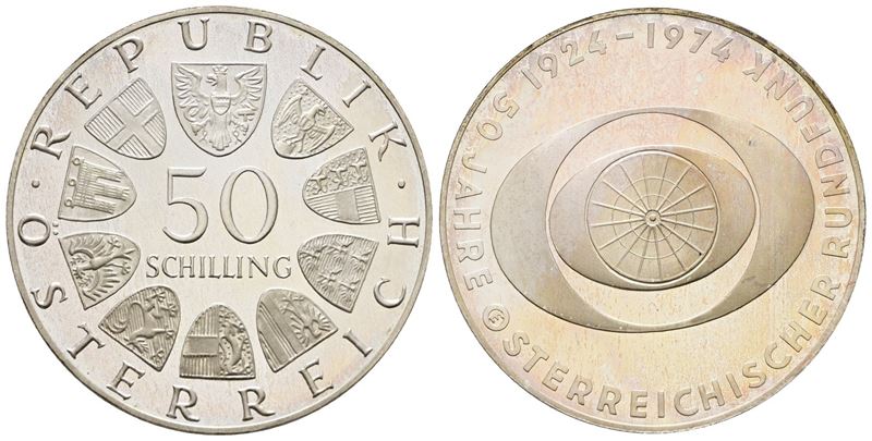 Austria. 50 Scellini 1974 "50 Anni della Radiotelevisione Austriaca". Km 2922; Ag; 20gr.
