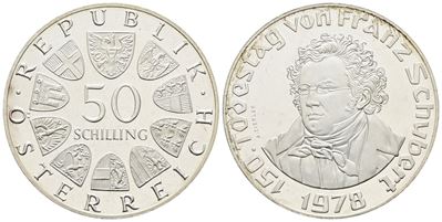 Austria. 50 Scellini 1978 "150 Anni dalla Morte di Schubert". Km 2937; Ag; 20gr.