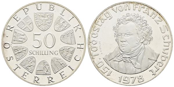 AUSTRIA. 50 scellini 1978 "150 anni dalla morte di Schubert". KM 2937; Ag; 20gr.