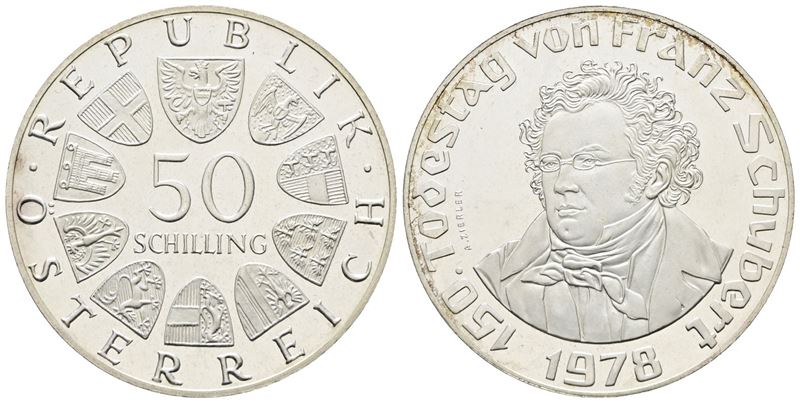 Austria. 50 Scellini 1978 "150 Anni dalla Morte di Schubert". Km 2937; Ag; 20gr.